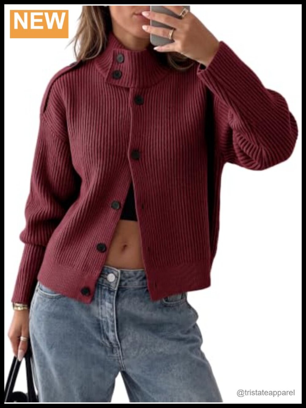 Women's Chunky Knit Button Cardigan Sweater Mock Neck Long Sleeve